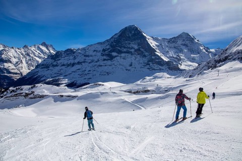 25 March 2024: Skiing against the backdrop of the north face of the Eiger in Grindelwald,