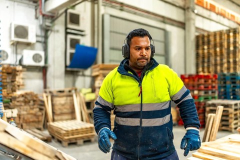 Man caucasian worker with dirty reflective clothes working in a recycling plant arranging pallets
