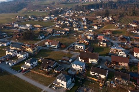 Drone image, residential buildings, residential area, Schlins, Walgau, Vorarlberg, Austria, Europe