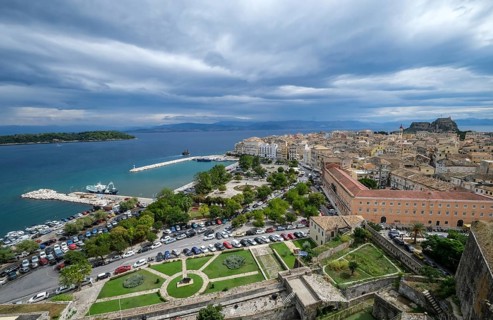 Corfu Town, Corfu, Greece, City overview Corfu Town with the Old Harbour, the Greek Orthodox Church