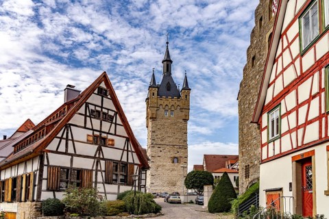 Blue Tower and half-timbered houses in Bad Wimpfen, Kraichgau, Baden-Württemberg, Germany, Europe