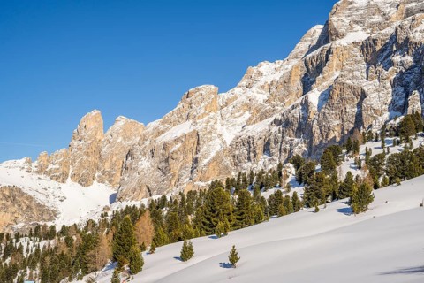 Beautiful landscape of the Mountain silhouettes of the Sexten Dolomites on a sunny winter day,