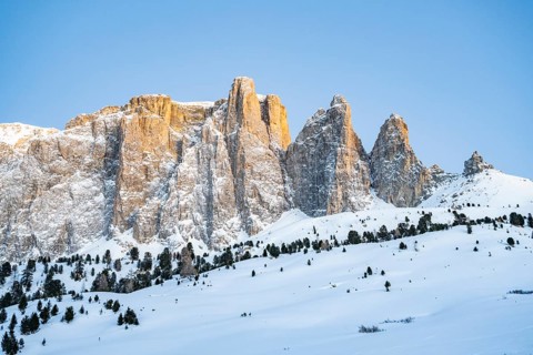 Beautiful landscape of the Mountain silhouettes of the Sexten Dolomites on a sunny winter day,