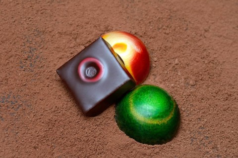 Colourful chocolates on cocoa powder
