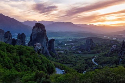 Meteora, rock needles at sunset, Thessaly, Greece, Europe