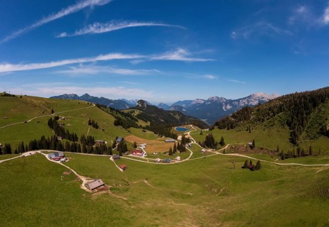 Drone shot, Hochalm, Loferer Alm with view to the Reiteralpe, Lofer, Pinzgau, Land Salzburg,