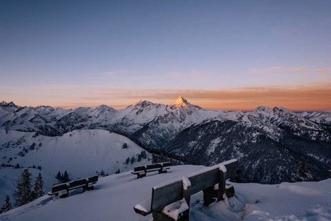 Snow-covered windscape in the Alps at Neunerköpfle in the Tannheimer Tal in Tyrol, Austria, Europe