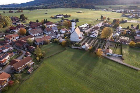 Bayerniederhofen with St Michael's Church seen from the air, Halblech, Allgäu, Bavaria, Germany,