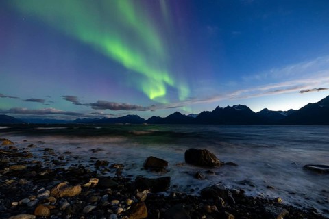 Northern Lights at Lyngenfjord, Lyngen Alps, Lyngen, Troms og Finnmark, Norway, Europe