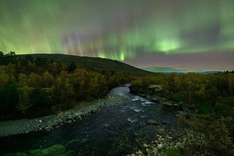 Northern Lights over the Abiskojakka River, Abisko National Park, Lapland, Sweden, Europe
