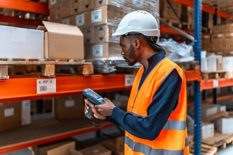 Side view of an african male supervisor in orange reflective waistcoat and helmet scanning barcode