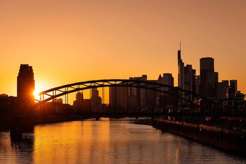 Sunset behind the Frankfurt banking skyline, Osthafen, Frankfurt am Main, Hesse, Germany, Europe