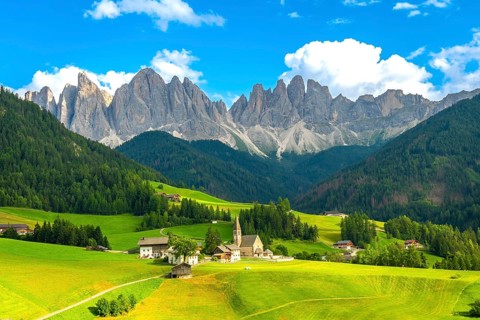 Scenic summer landscape with the famous chiesa di santa maddalena and the odle peaks in funes