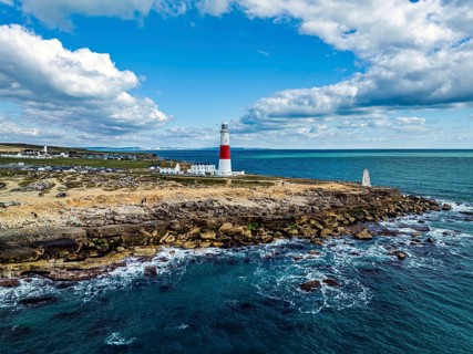 Portland Bill Lighthouse from a drone, Portland Bill, Isle of Portland, Dorset, England, United