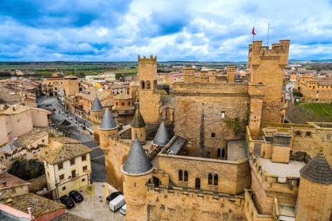 Aerial view of the medieval royal palace of olite with its impressive towers and walls, dominating