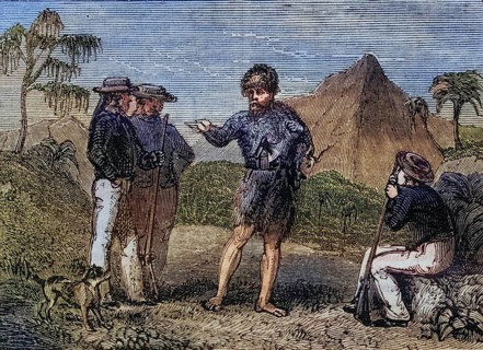 Selkirk and the British sailors. Alexander Selkirk, 1676-1721, Scottish sailor and castaway,