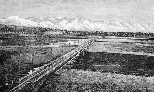 The city of Zion, city of the Mormons, on the Great Salt Lake with the snow-covered mountain