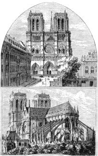 Gothic cathedral Notre Dame de Paris in front or west facade, rear view, double tower, flying