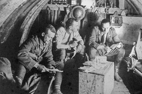 Australian officers of 105th Howitzer battery in WW1 dugout Elephant shelter on Hill 60 during