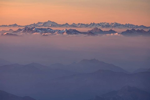 Morning haze and fog over mountain ranges, morning light, summer, Ammergebirge, Tyrolean Alps