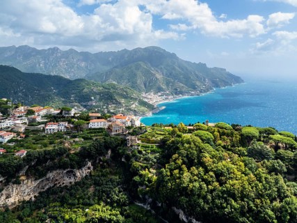 View of Ravello from a drone, Amalfi Coast, Tyrrhenian Sea, Salerno, Campania, Italy, Europe
