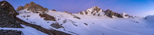 High alpine mountain landscape at sunset, Glacier du Tour, glacier and mountain peak, summit of the