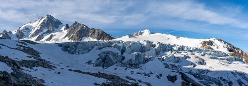 High alpine mountain landscape, summit of the Aiguille de Chardonnet and Glacier du Tour, glaciers