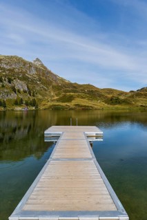 Bettmersee, mountain lake, alpine lake, footbridge, bathing jetty, wooden platform, bathing,
