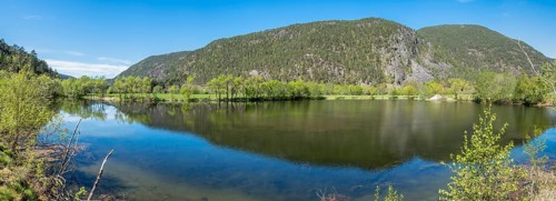Panorama of the Suldal river, famous salmon river in the Ryfylke region, southern Norway