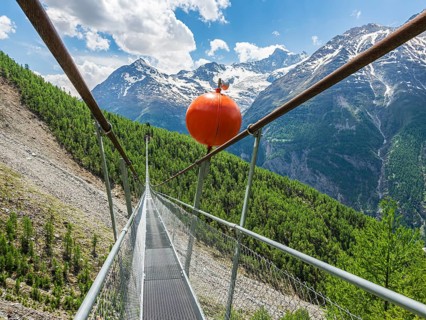 Charles Kuonen suspension bridge, part of hiking trail Europaweg, Matter valley near village Randa,
