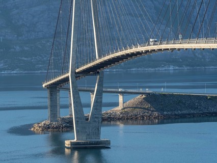 Helgeland bridge, connecting Sandnessjøen with the norwegian mainland, camper van on bridge,