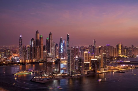 Night shot, view from The View At the Palm viewing platform of skyline with Princess Tower, Elite
