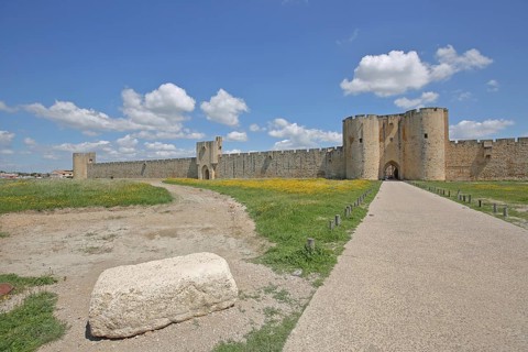 Historic city fortifications and city walls, from right, Porte des Moulin, Porte de L'Organeau,