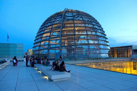 Visitors on the roof of the Reichstag, view of the Reichstag dome, Berlin, 21 May 2014