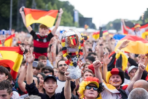 A homemade trophy in the fan zone at the Brandenburg Tor during the quarter-final match between