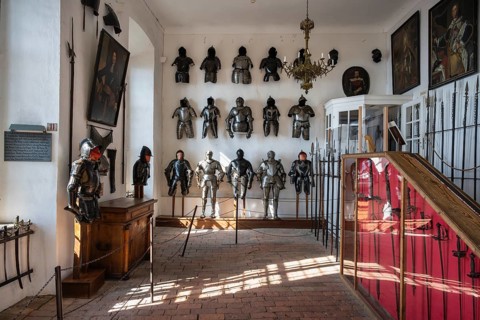 The armoury with knights' armour and hand weapons in the historic Meersburg Castle, museum, place