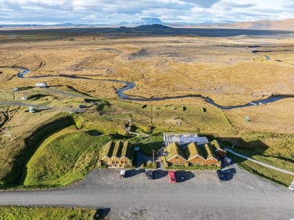 Mödrudalur farm and guesthouse northwest of Egilsstadir, aerial view of church, restaurant and