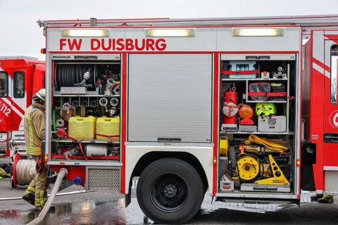 Duisburg, North Rhine-Westphalia, Germany, firefighting exercise, people are rescued from a burning