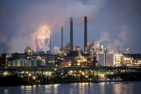 Leverkusen, North Rhine-Westphalia, Germany - Bayer Chempark Leverkusen, the Bayer Cross logo of