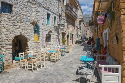 Dreamy alley with colourful houses and a cosy bistro area, Old Town, Areopoli, Areopolis, Tsimova,