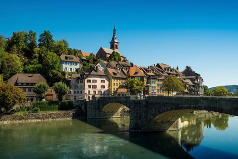 Village view with Rhine, Laufenburg, High Rhine, Black Forest, Baden-Württemberg, Germany, Europe