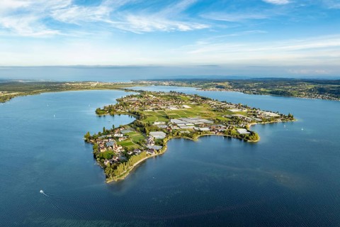 Aerial view, of the north-western tip of the island of Reichenau in Lake Constance, with the