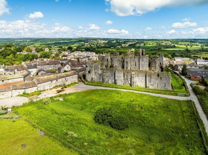 Middleham Castle from a drone, Middleham, Wensleydale, North Yorkshire, England, United Kingdom,