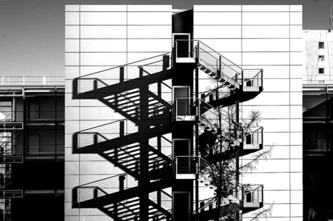 External staircases with shadows cast by a modern office building, Erlangen, Middle Franconia,
