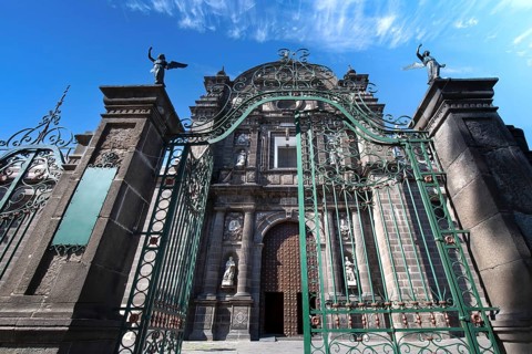 Mexico, Puebla Cathedral on the central Zocalo plaza in historic city center., Central America