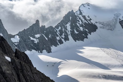 Mountain landscape with rock and snow, pointed narrow rocky ridge of the Großer Mösler summit with