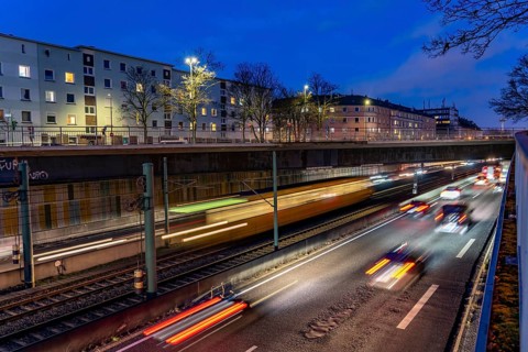 The Hausackerbrücke, inner-city road bridge over the A40 motorway and the U18 light rail line,