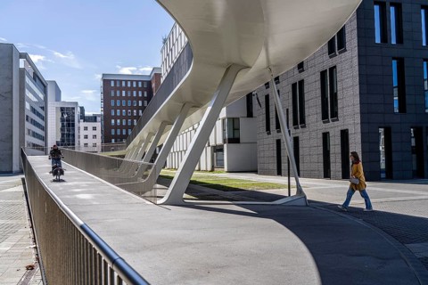 The Parkbruk, cycle and pedestrian bridge in the city centre of Antwerp, crosses a multi-lane city
