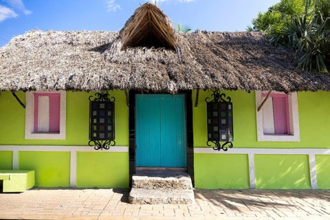Cozumel near Cancun, Mexico, colorful houses and colonial center and tourism shopping district,