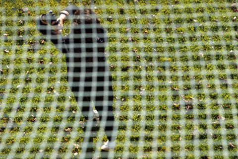 Golfer Training on Driving Range Behind a Net